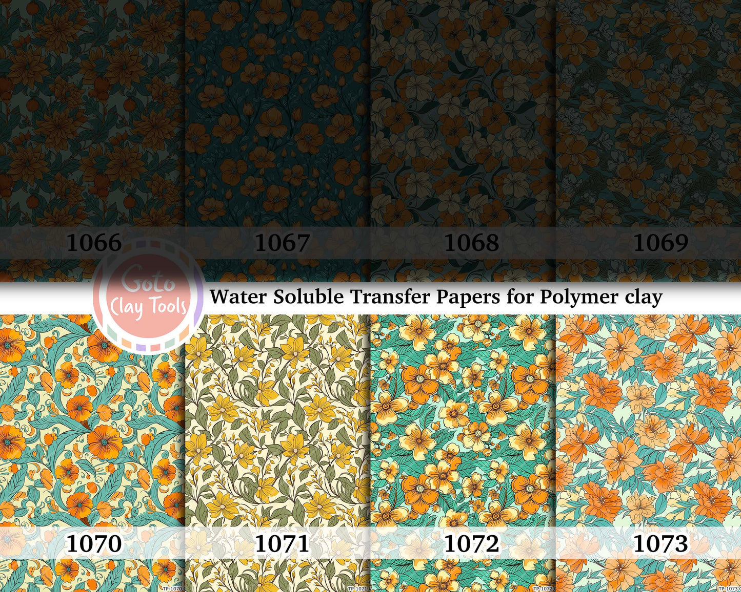 Water soluble Transfer paper for polymer clay, Orange and yellow Floral patterns, polymer clay image transfers, magic transfer paper