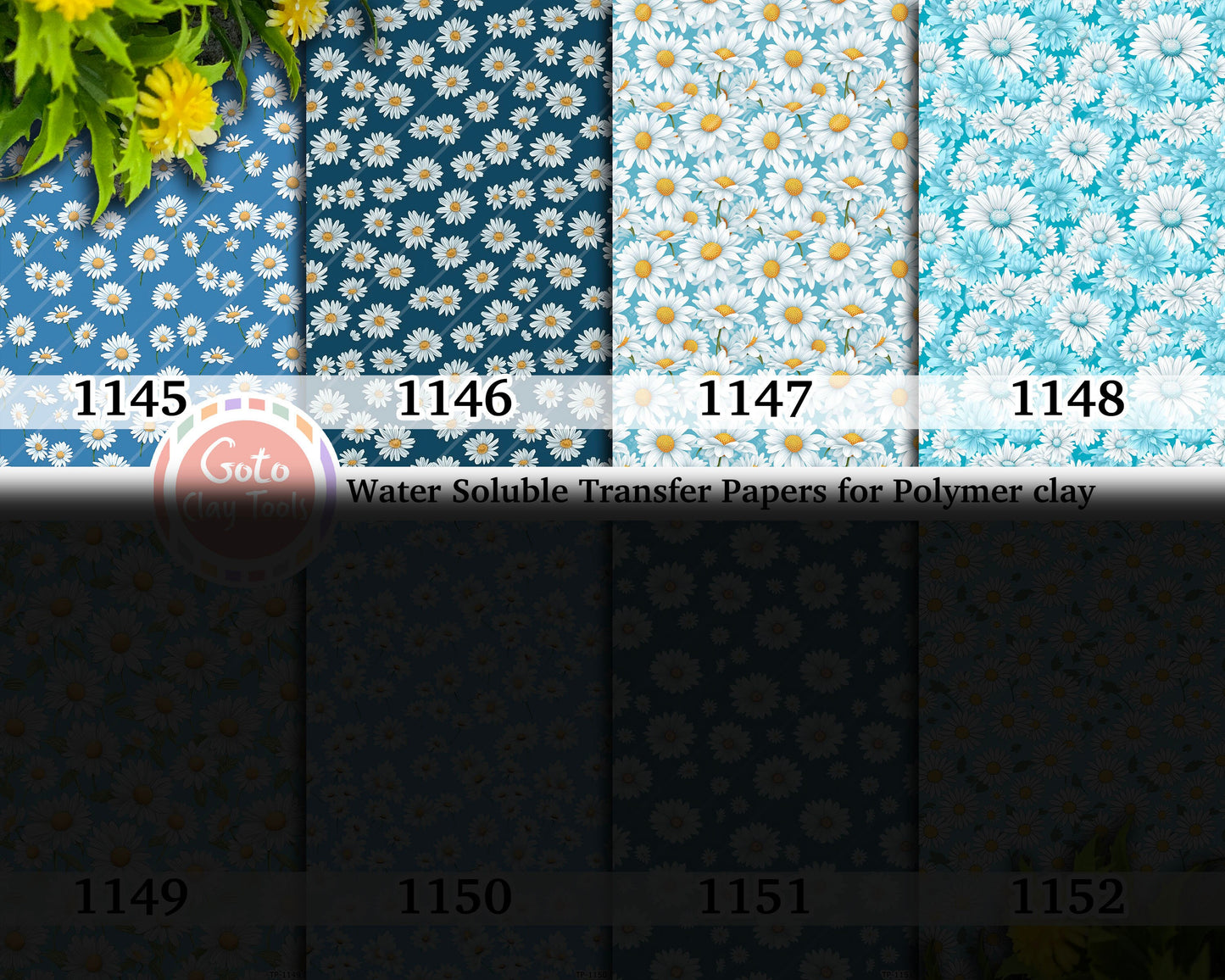 Water soluble Transfer paper for polymer clay, Blue daisy floral patterns, polymer clay image transfers, magic transfer paper