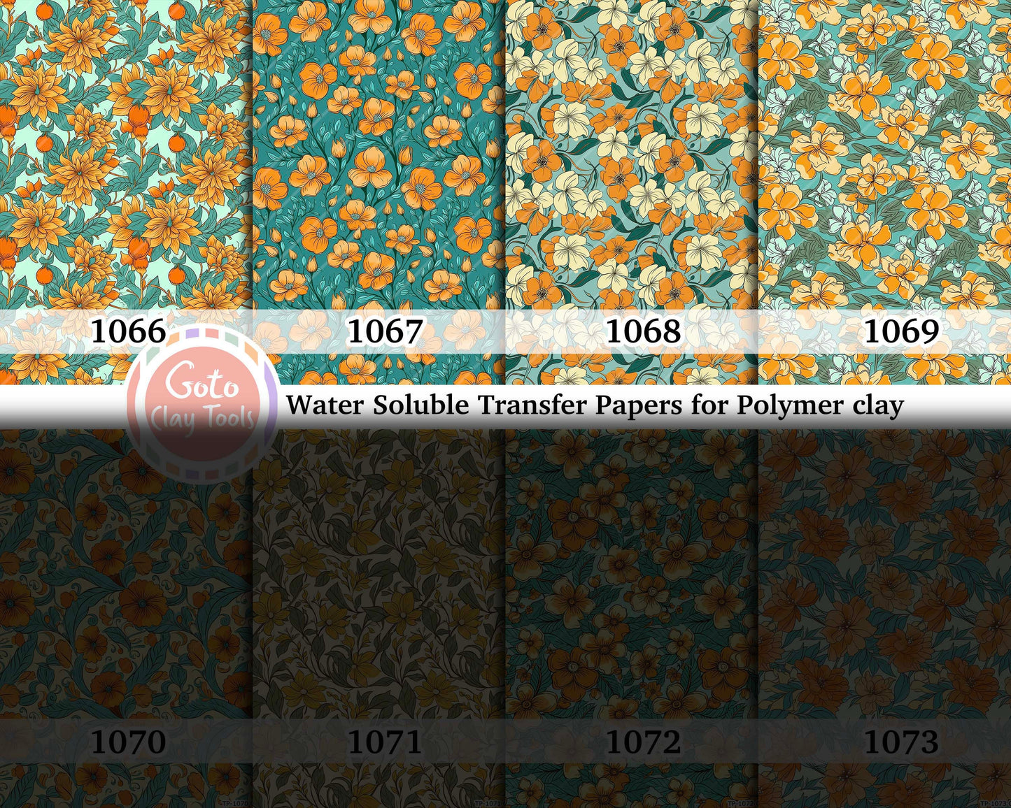 Water soluble Transfer paper for polymer clay, Orange and yellow Floral patterns, polymer clay image transfers, magic transfer paper