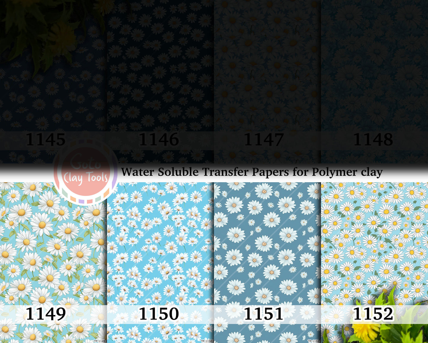 Water soluble Transfer paper for polymer clay, Blue daisy floral patterns, polymer clay image transfers, magic transfer paper