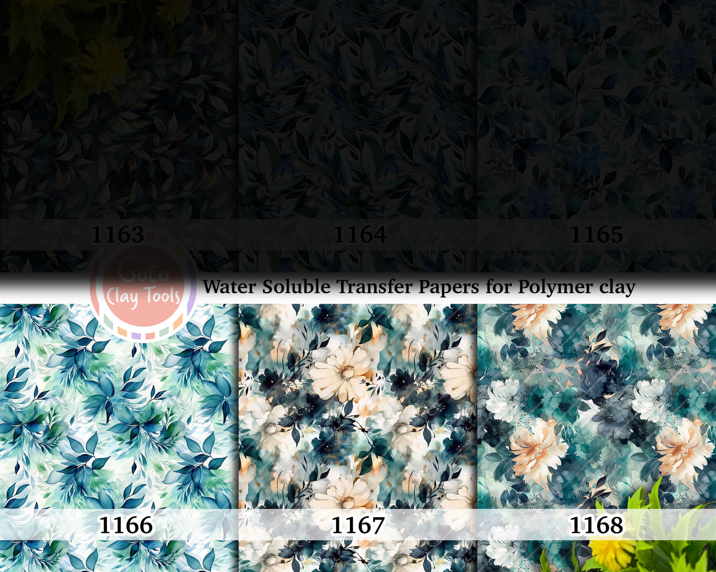 Water soluble Transfer paper for polymer clay, Abstract Aqua leaves and floral pattern, polymer clay image transfers, magic transfer paper