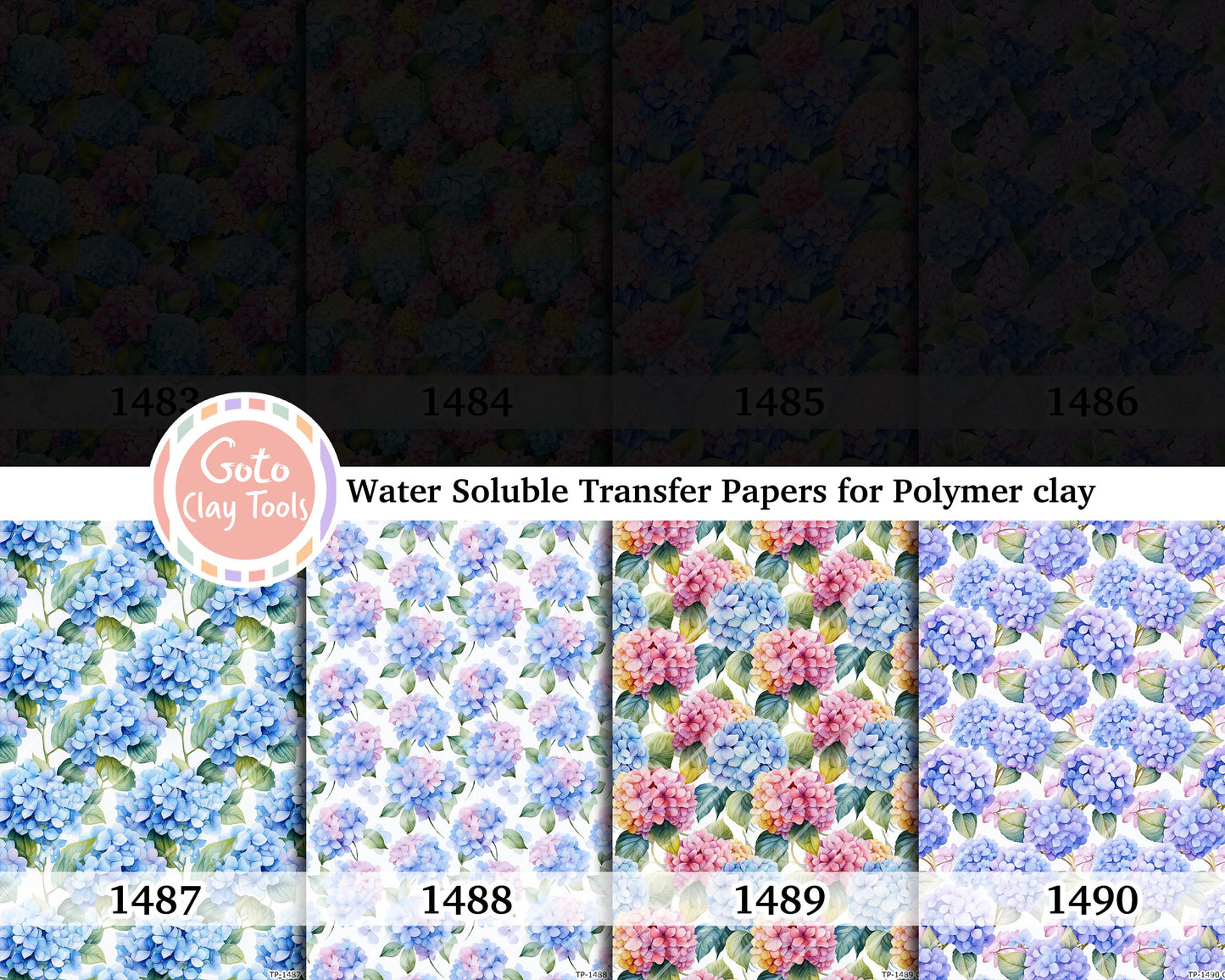 Water soluble Transfer paper for polymer clay, Watercolor hydrangea floral pattern, polymer clay image transfers, magic transfer paper