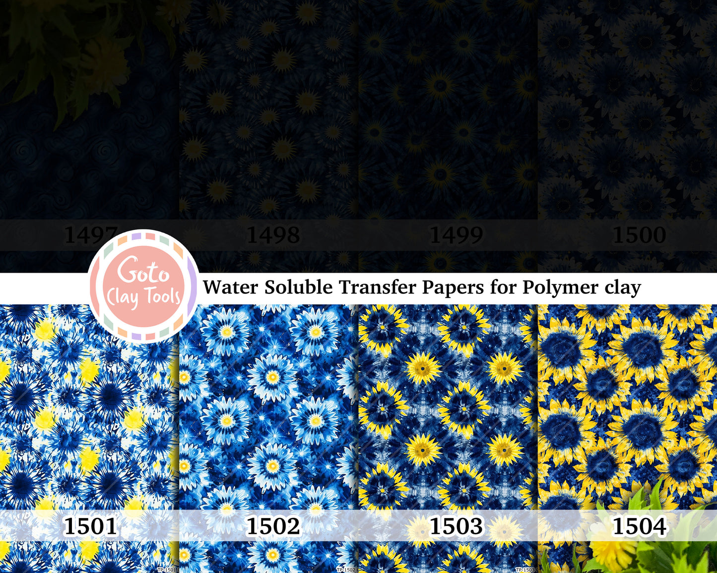 Water soluble Transfer paper for polymer clay, Blue and yellow sunflower tie dye, polymer clay image transfers, magic transfer paper