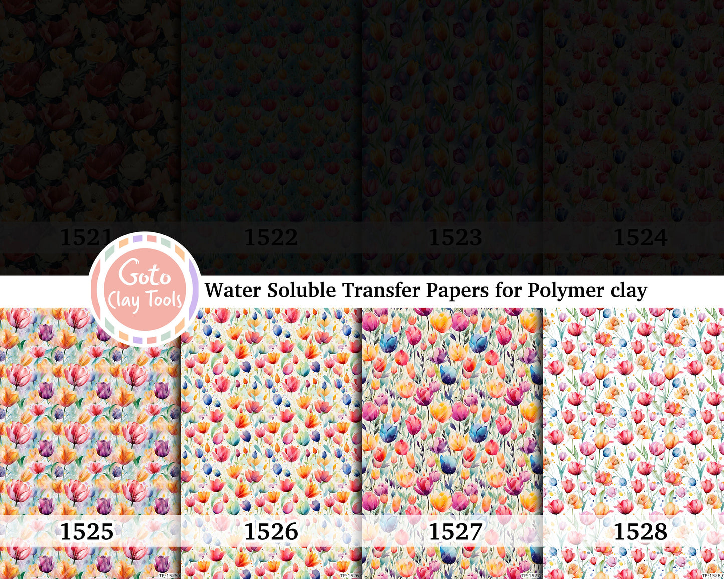 Water soluble Transfer paper for polymer clay, Colorful watercolor tulip floral, polymer clay image transfers, magic transfer paper