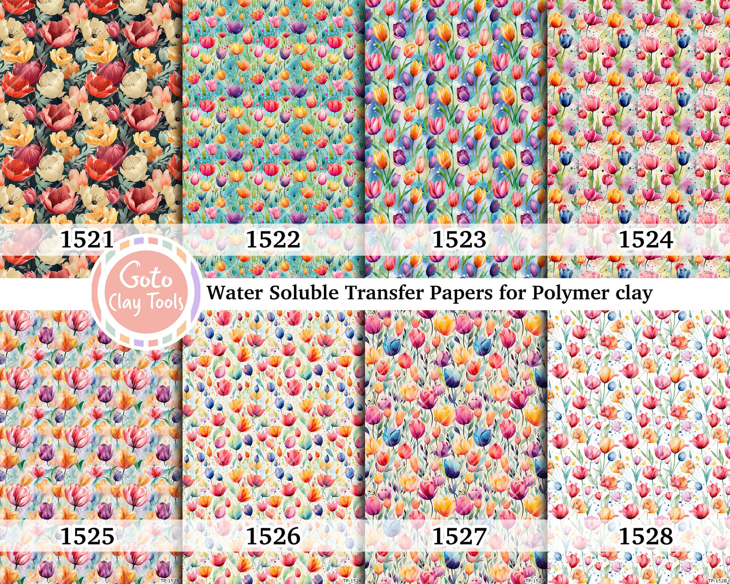 Water soluble Transfer paper for polymer clay, Colorful watercolor tulip floral, polymer clay image transfers, magic transfer paper