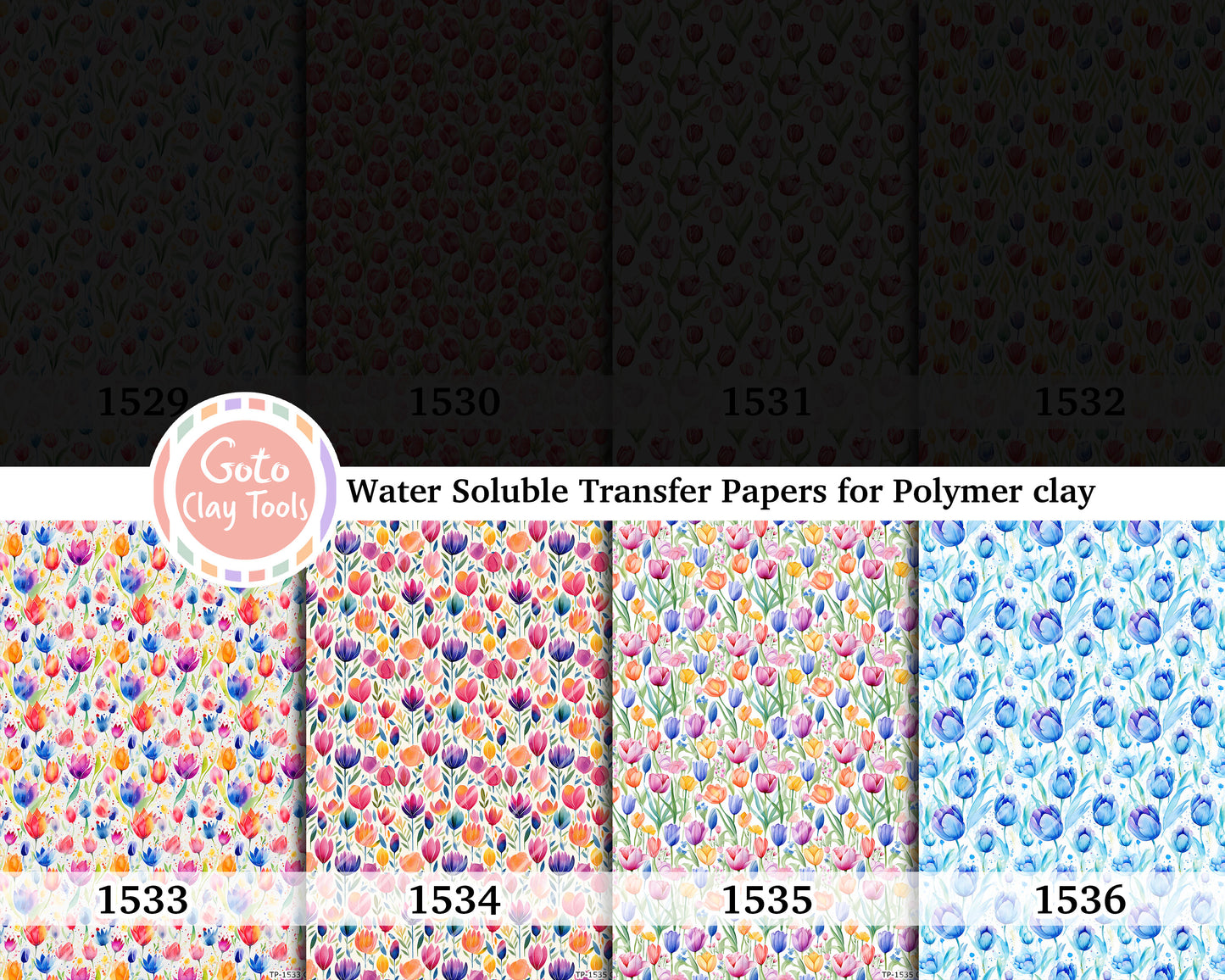 Water soluble Transfer paper for polymer clay, Colorful watercolor tulip floral, polymer clay image transfers, magic transfer paper