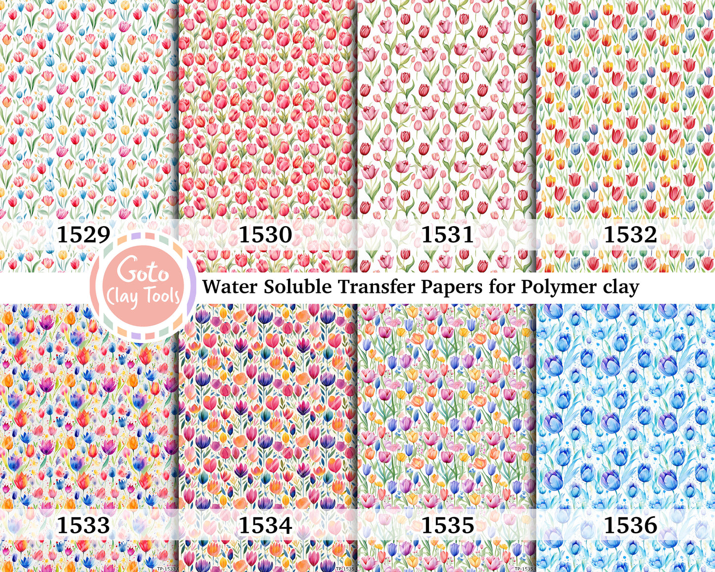 Water soluble Transfer paper for polymer clay, Colorful watercolor tulip floral, polymer clay image transfers, magic transfer paper