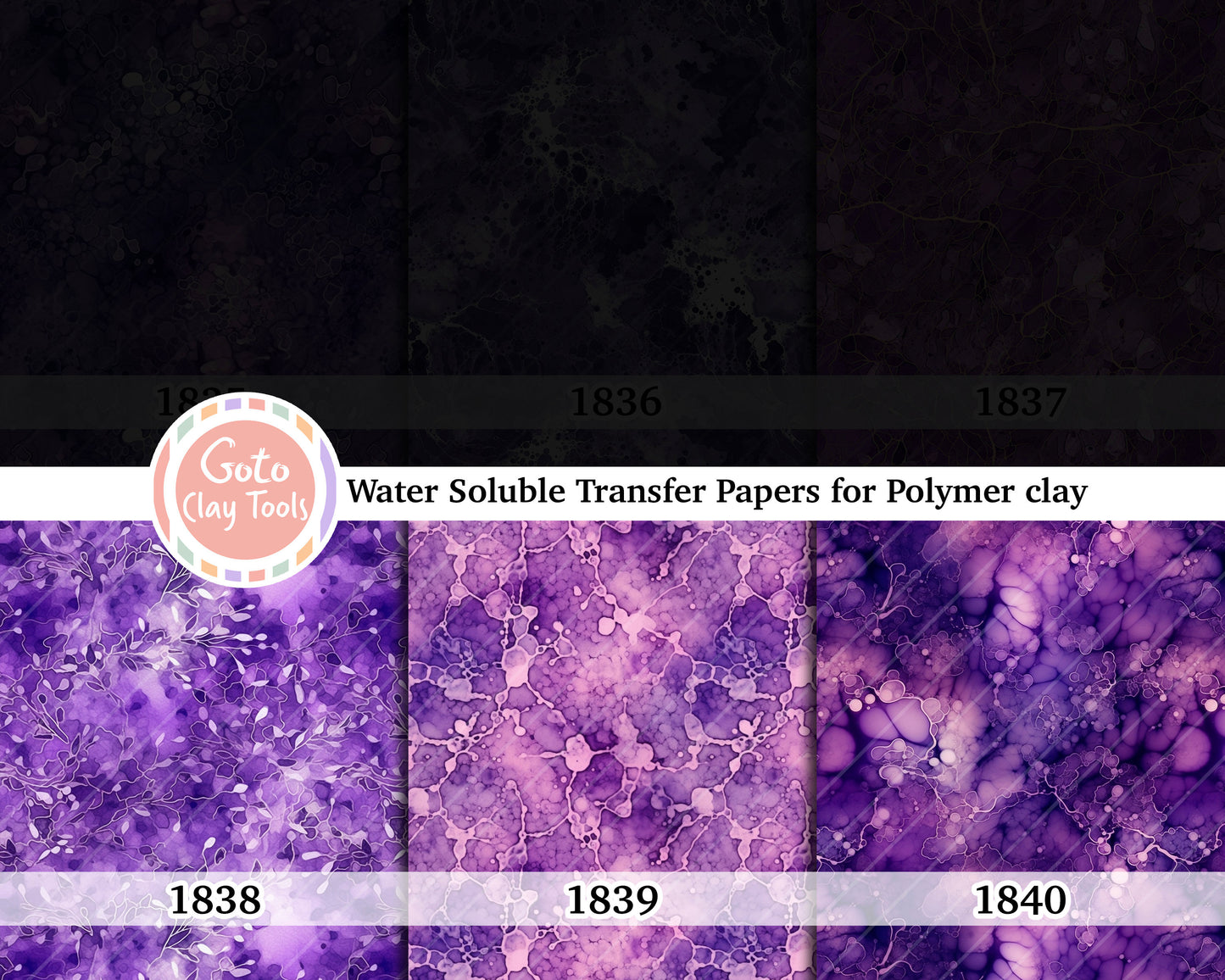 Water soluble Transfer paper for polymer clay, Purple marble with gold veins, polymer clay image transfers, magic transfer paper
