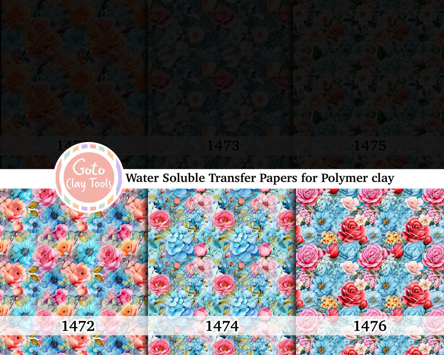 Water soluble Transfer paper for polymer clay, Blue and pink rose pattern, polymer clay image transfers, magic transfer paper