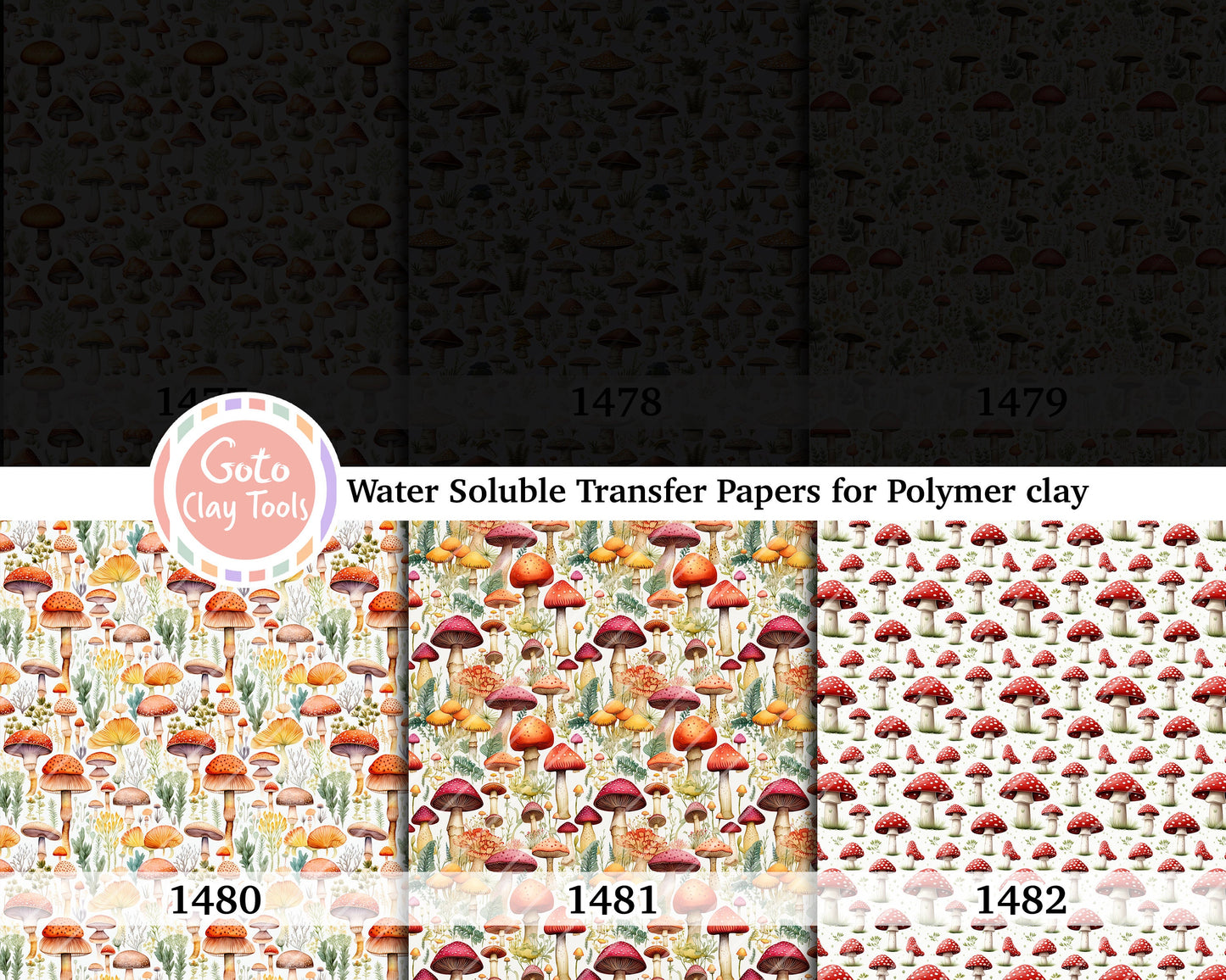 Water soluble Transfer paper for polymer clay, Mushroom pattern, polymer clay image transfers, magic transfer paper
