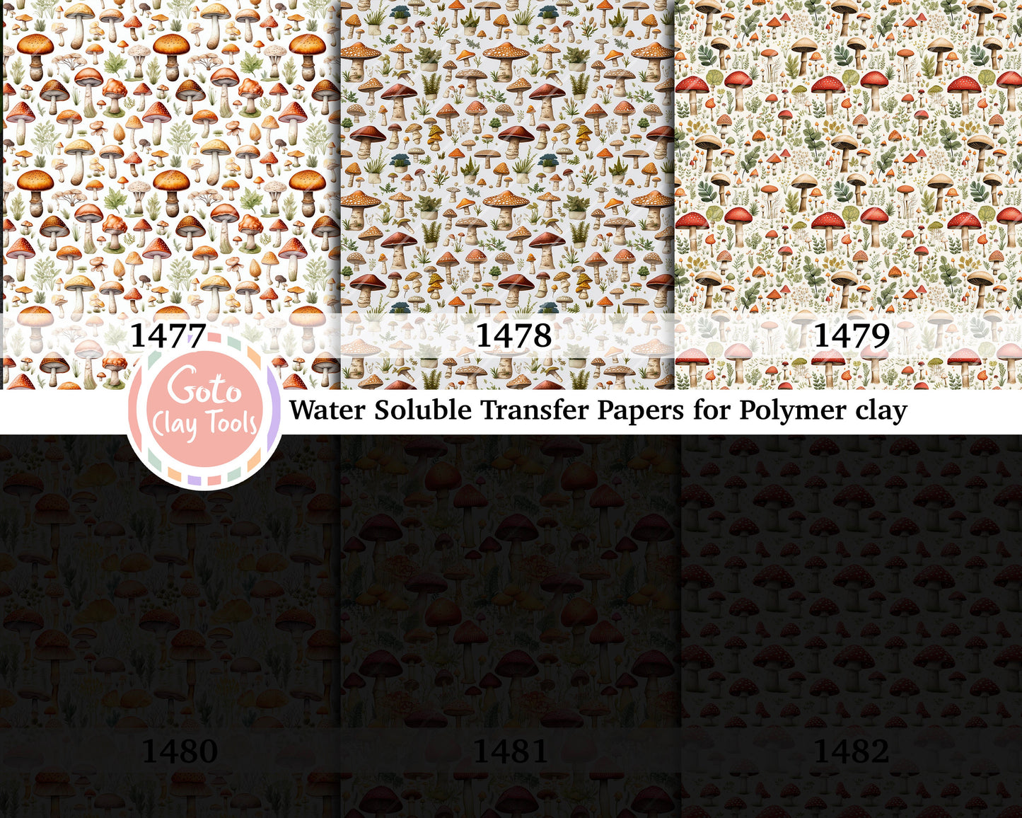 Water soluble Transfer paper for polymer clay, Mushroom pattern, polymer clay image transfers, magic transfer paper