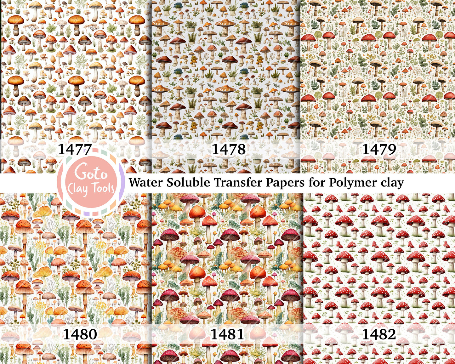 Water soluble Transfer paper for polymer clay, Mushroom pattern, polymer clay image transfers, magic transfer paper