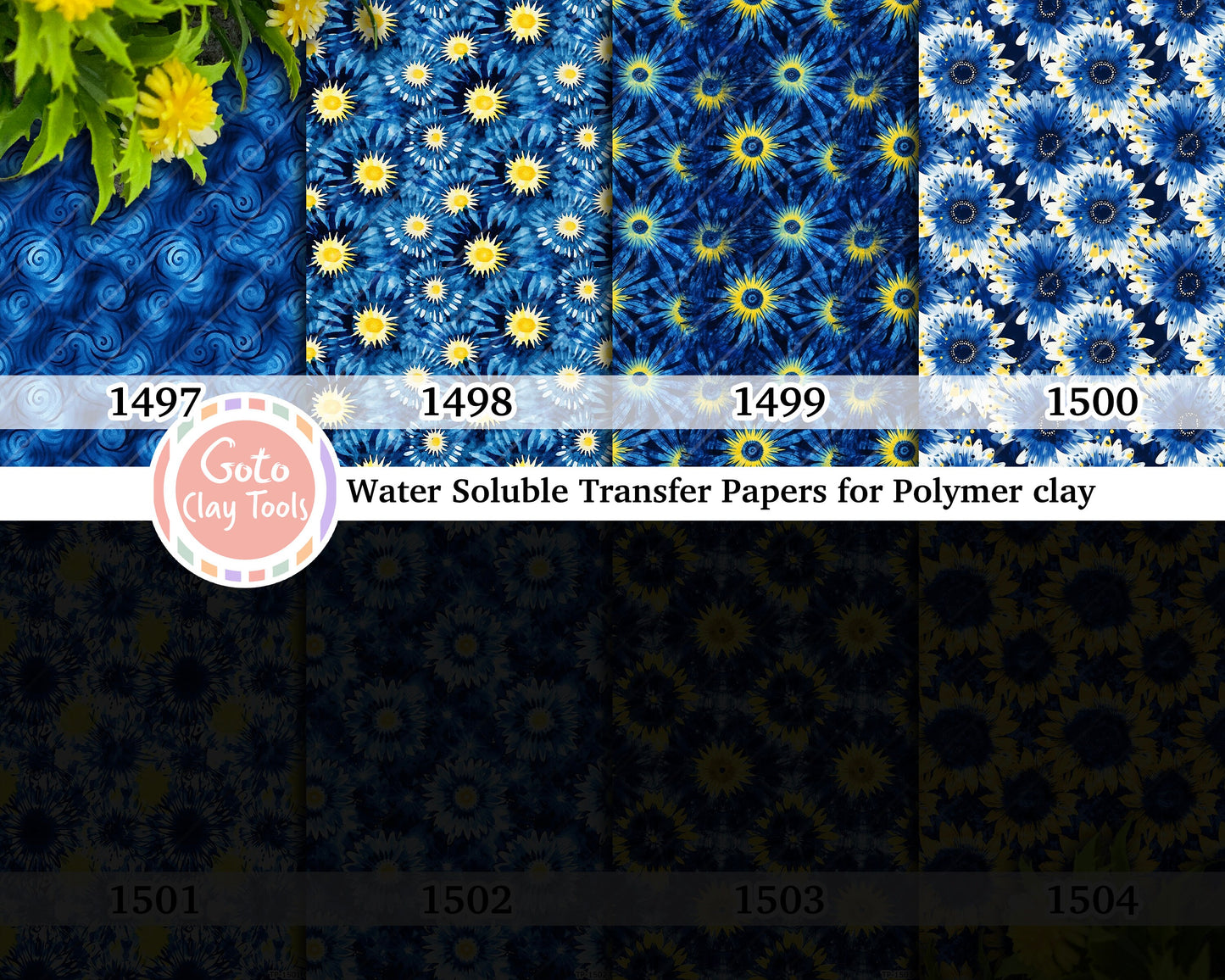 Water soluble Transfer paper for polymer clay, Blue and yellow sunflower tie dye, polymer clay image transfers, magic transfer paper