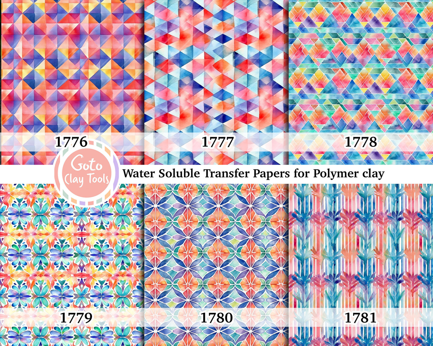Water soluble Transfer paper for polymer clay, Watercolor geometrical pattern, polymer clay image transfers, magic transfer paper