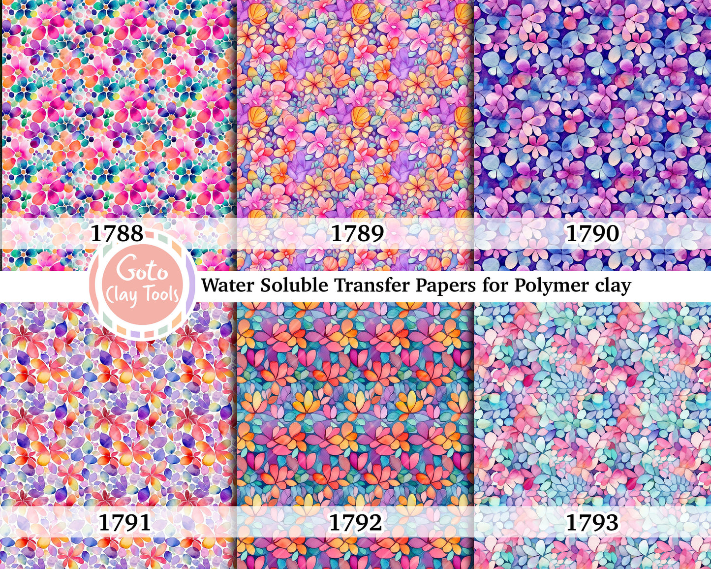 Water soluble Transfer paper for polymer clay, Colorful watercolor floral pattern, polymer clay image transfers, magic transfer paper