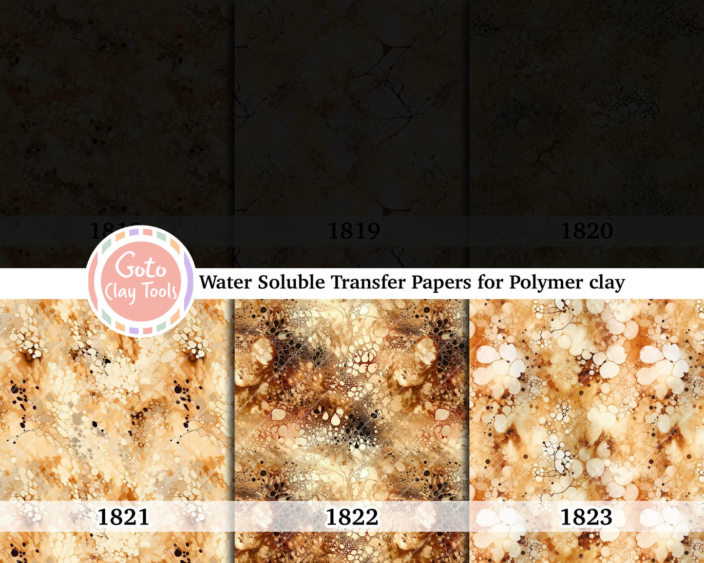 Water soluble Transfer paper for polymer clay, Yellow and brown marble transfer paper, polymer clay image transfers, magic transfer paper