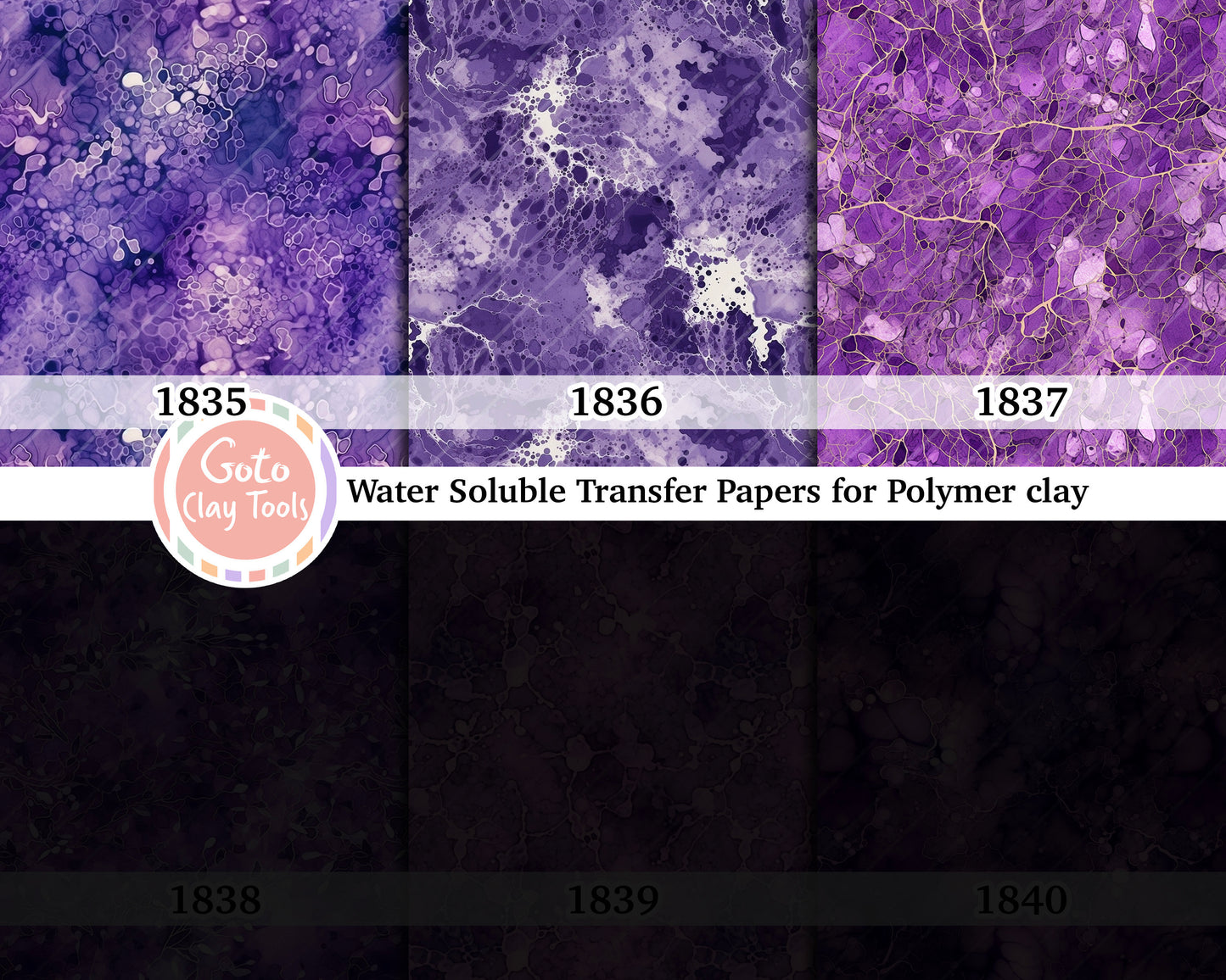 Water soluble Transfer paper for polymer clay, Purple marble with gold veins, polymer clay image transfers, magic transfer paper