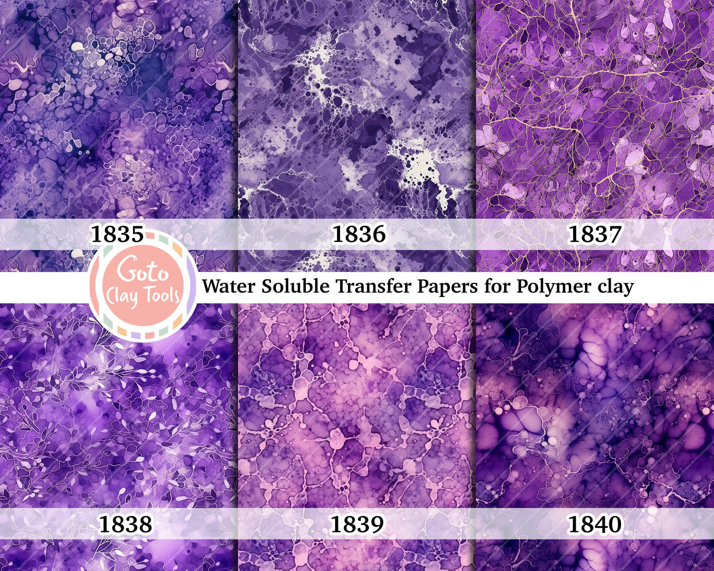 Water soluble Transfer paper for polymer clay, Purple marble with gold veins, polymer clay image transfers, magic transfer paper