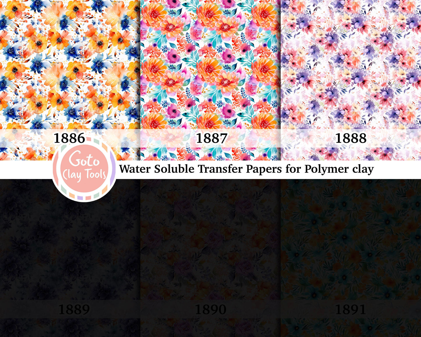 Blue floral Water soluble Transfer paper for polymer clay, Colorful watercolor flower, polymer clay image transfers, magic transfer paper