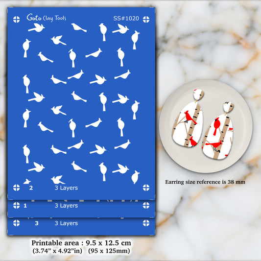 3 Layer Cardinal in Birch Silkscreen for Polymer Clay Earring making, Clay Stencils, Clay Earring Silkscreen, Polymer Clay Supplies SS#1020