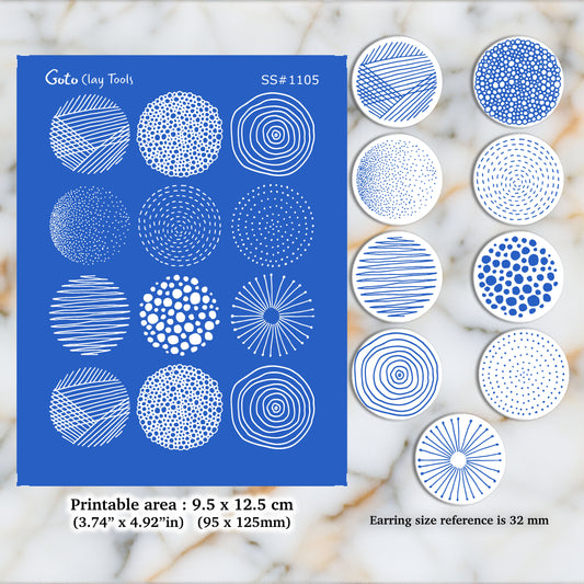 9 Abstract circles pattern Silkscreen for Polymer Clay Earring making, Clay Stencils, Clay Earring Silkscreen, Polymer Clay Supplies SS#1105