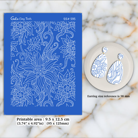Hand drawn Floral Silkscreen for Polymer Clay Earring making, Clay Stencils, Clay Earring Silkscreen, Polymer Clay Supplies SS#595