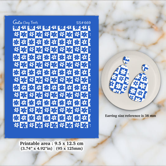 Checkered flower Silkscreen for Polymer Clay Earring making, Clay Stencils, Clay Earring Silkscreen, Polymer Clay Supplies SS#669