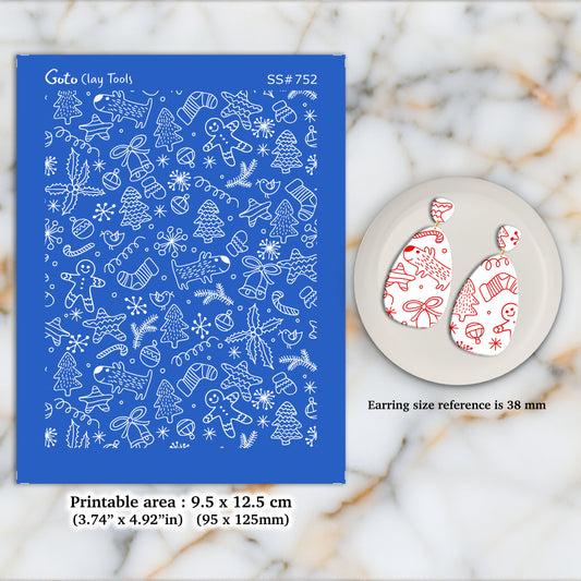 Christmas Silkscreen for Polymer Clay Earring making, Clay Stencils, Clay Earring Silkscreen, Polymer Clay Supplies SS#752