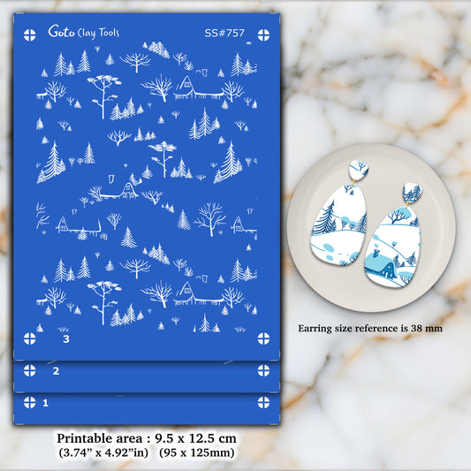 3 Layer Snow hill Christmas Silkscreen for Polymer Clay Earring making, Clay Stencils, Clay Earring Silkscreen, Polymer Clay Supplies SS#757