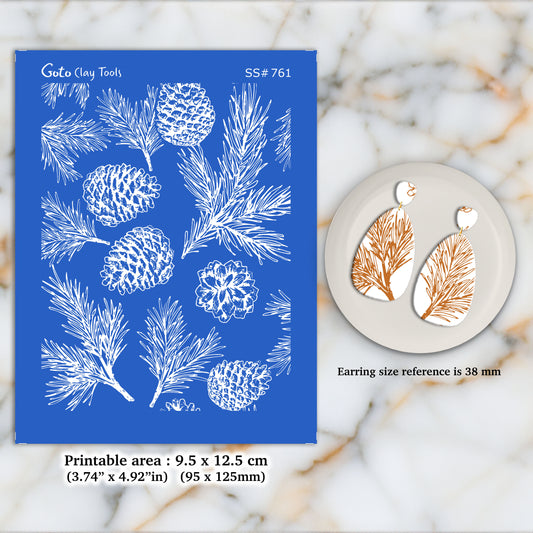 Pine Cone Christmas Silkscreen for Polymer Clay Earring making, Clay Stencils, Clay Earring Silkscreen, Polymer Clay Supplies SS#761