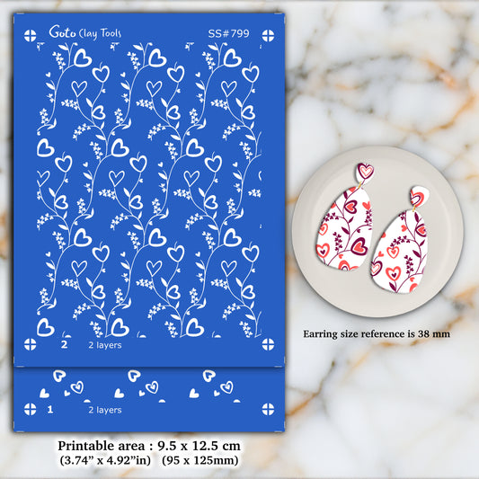 2 Layers Heart vine Silkscreen for Polymer Clay Earring making, Clay Stencils, Clay Earring Silkscreen, Polymer Clay Supplies SS#799