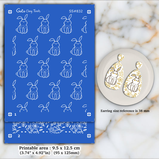 2 layers Easter Bunny Silkscreen for Polymer Clay Earring making, Clay Stencils, Clay Earring Silkscreen, Polymer Clay Supplies SS#832