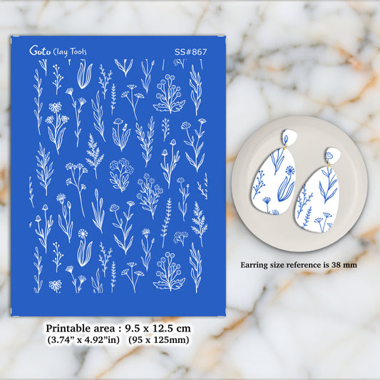 Wild flowers Silkscreen for Polymer Clay Earring making, Clay Stencils, Clay Earring Silkscreen, Polymer Clay Supplies SS#867