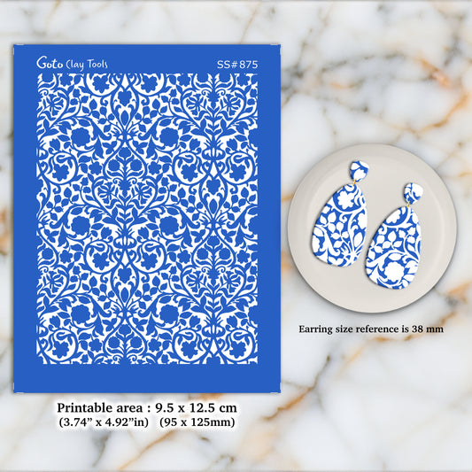 Ornamental Damask Silkscreen for Polymer Clay Earring making, Clay Stencils, Clay Earring Silkscreen, Polymer Clay Supplies SS#875