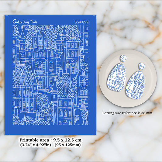 Buildings Silkscreen for Polymer Clay Earring making, Clay Stencils, Clay Earring Silkscreen, Polymer Clay Supplies SS#899