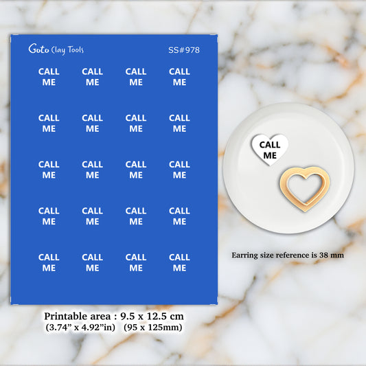 CALL ME Silkscreen with heart cutter for Polymer Clay Earring making, Clay Stencils, Clay Earring Silkscreen, Polymer Clay Supplies SS#978