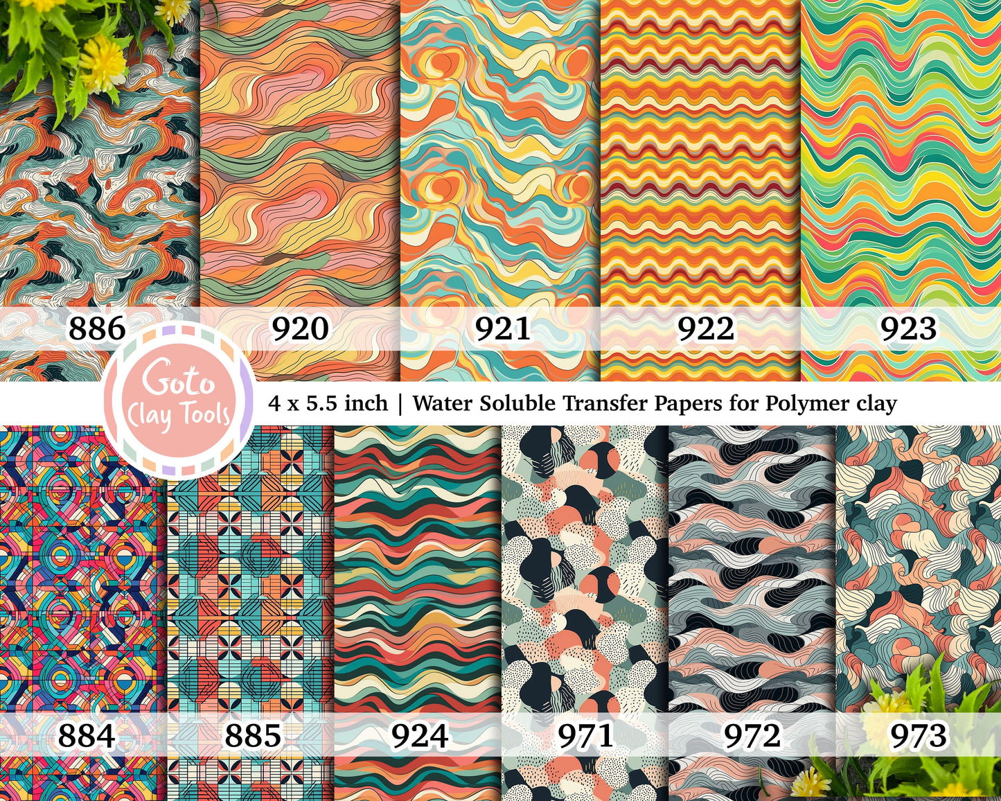 Water soluble Transfer paper for polymer clay, Abstract waves patterns, polymer clay image transfers, magic transfer paper