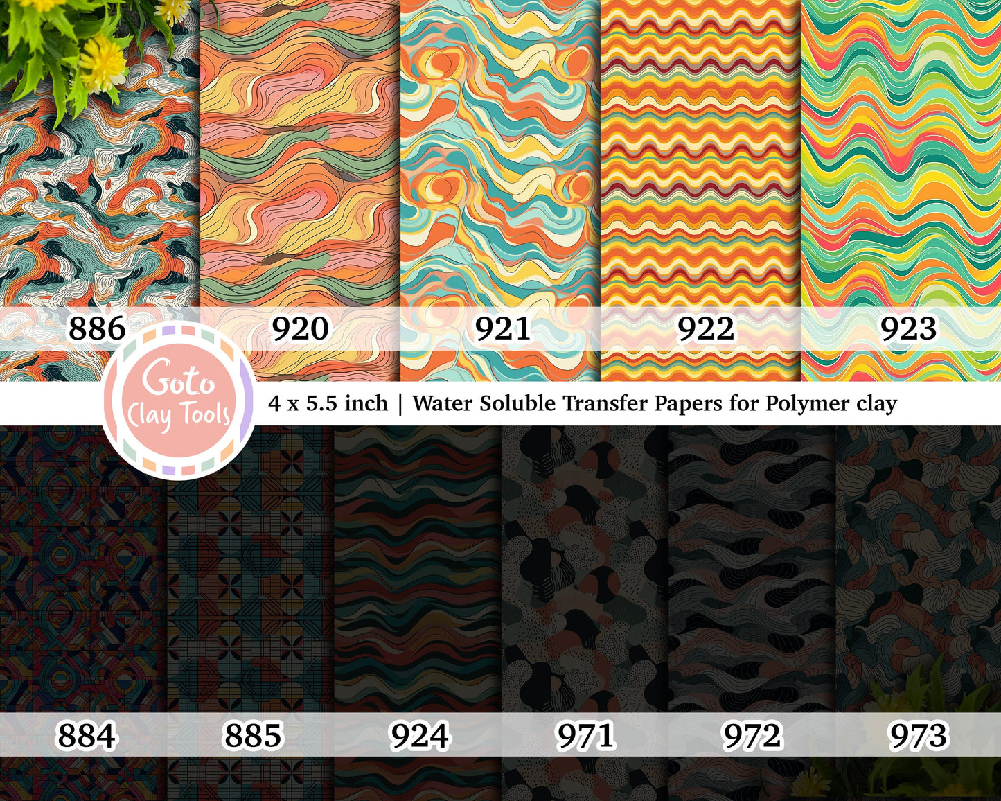 Water soluble Transfer paper for polymer clay, Abstract waves patterns, polymer clay image transfers, magic transfer paper