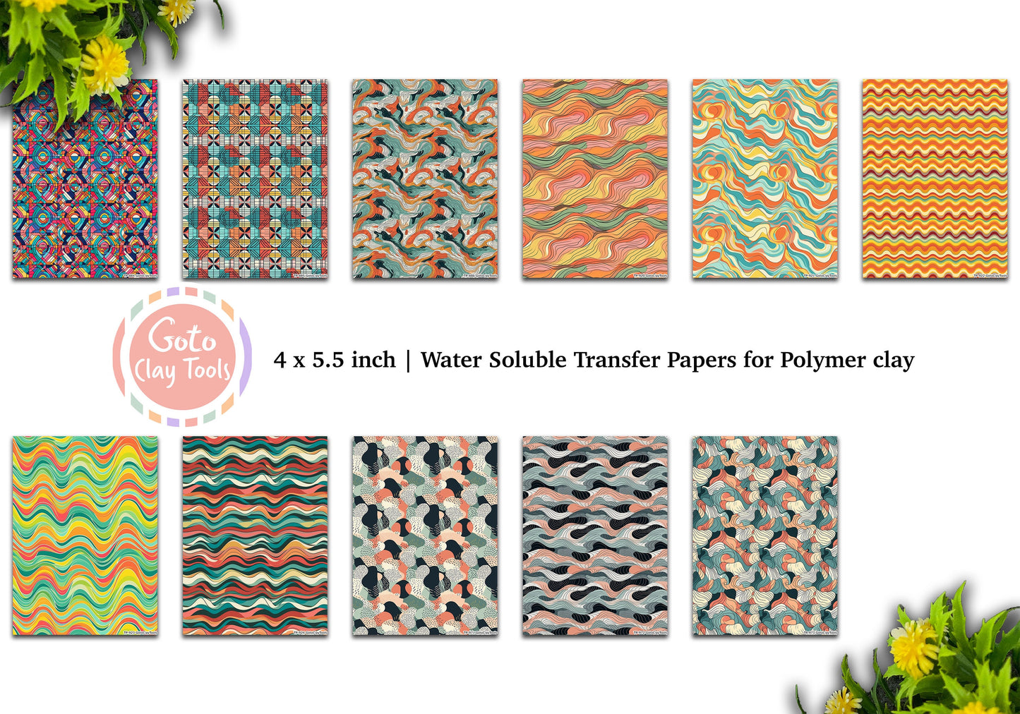 Water soluble Transfer paper for polymer clay, Abstract waves patterns, polymer clay image transfers, magic transfer paper