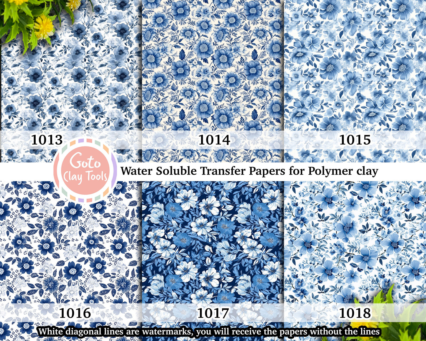 Blue Chinoiserie Floral Transfer Paper for Polymer Clay
