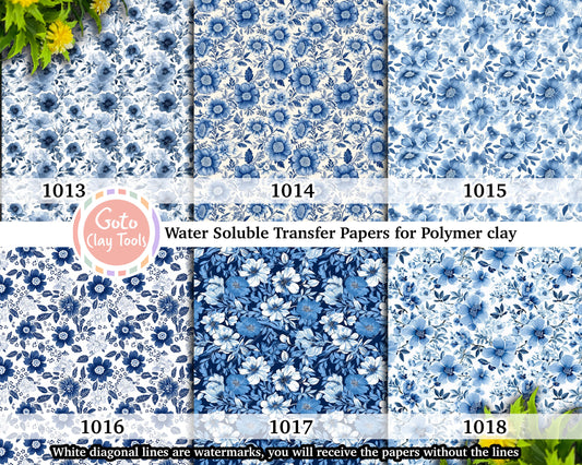 Blue Chinoiserie Floral Transfer Paper for Polymer Clay