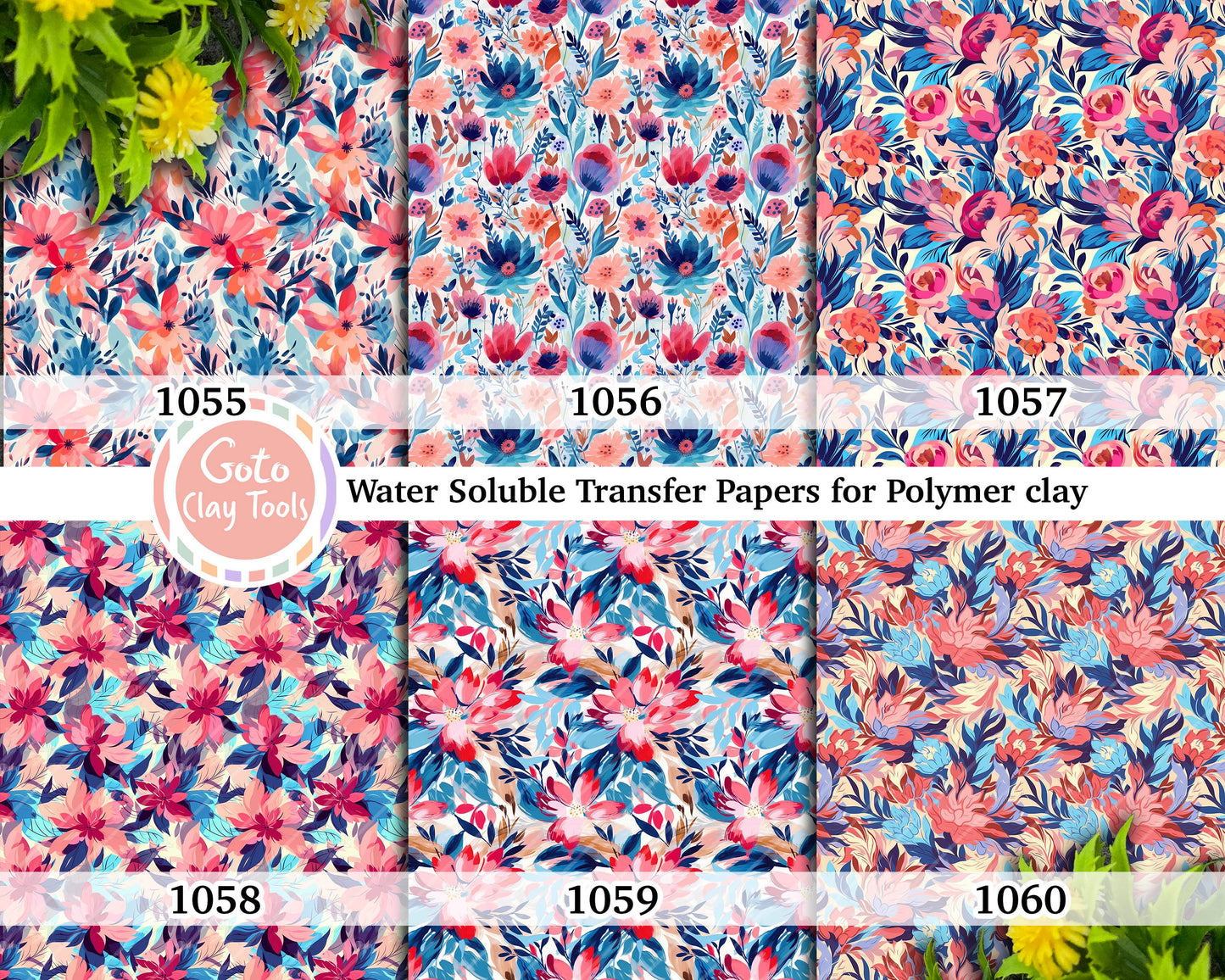 Watercolor Floral Transfer Paper for Polymer Clay (4x5.5 inches)