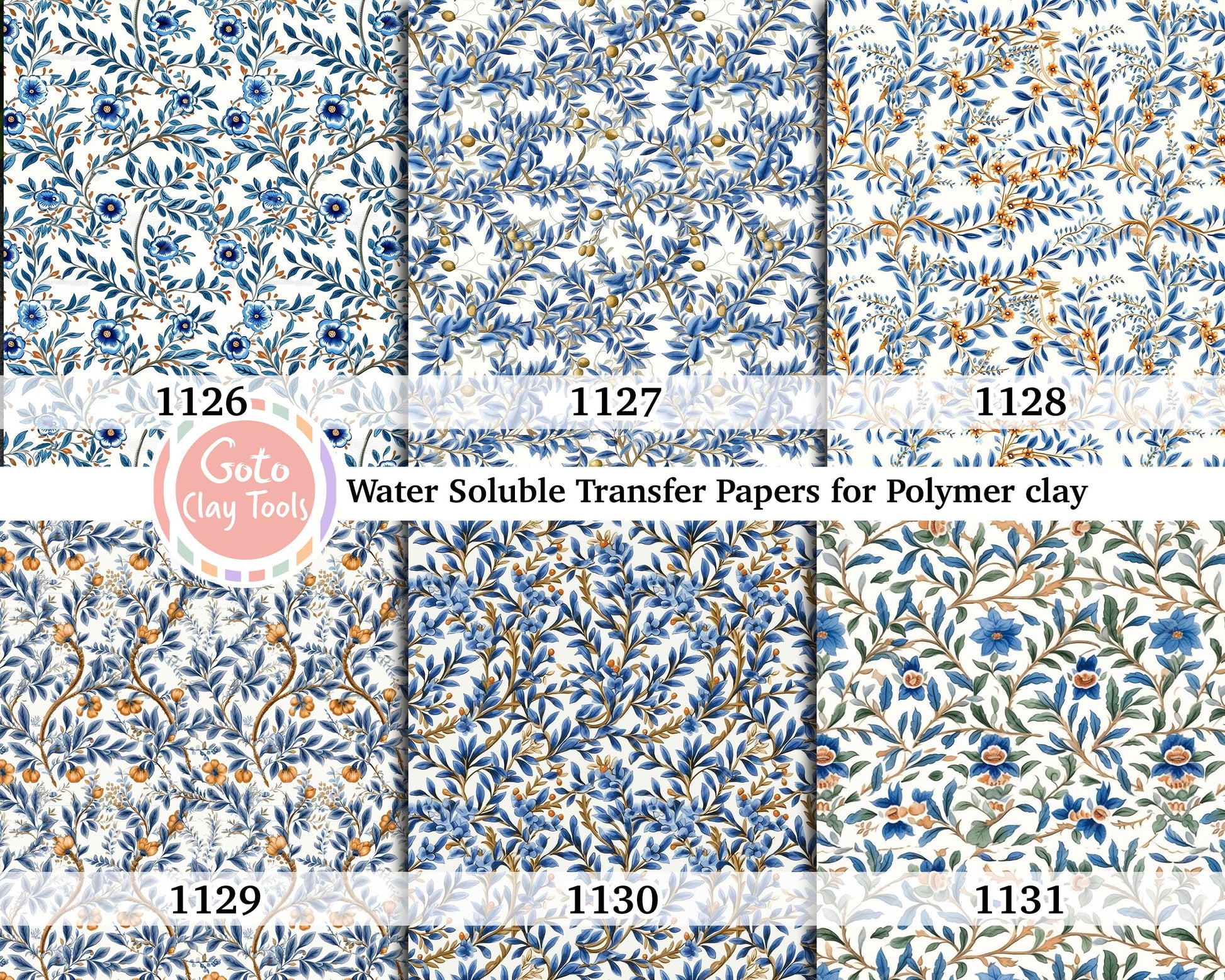 Water soluble Transfer paper for polymer clay, Blue leaves chinoisserie pattern, polymer clay image transfers, magic transfer paper