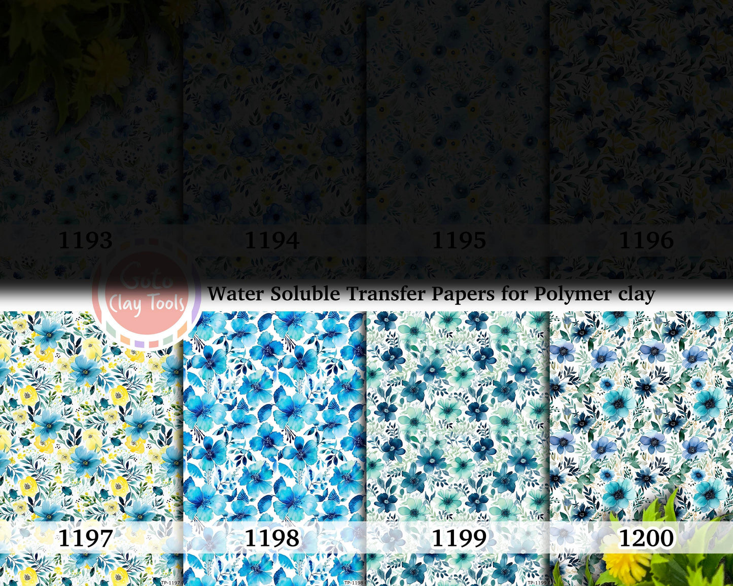 Water soluble Transfer paper for polymer clay, Blue watercolor floral patterns, polymer clay image transfers, magic transfer paper