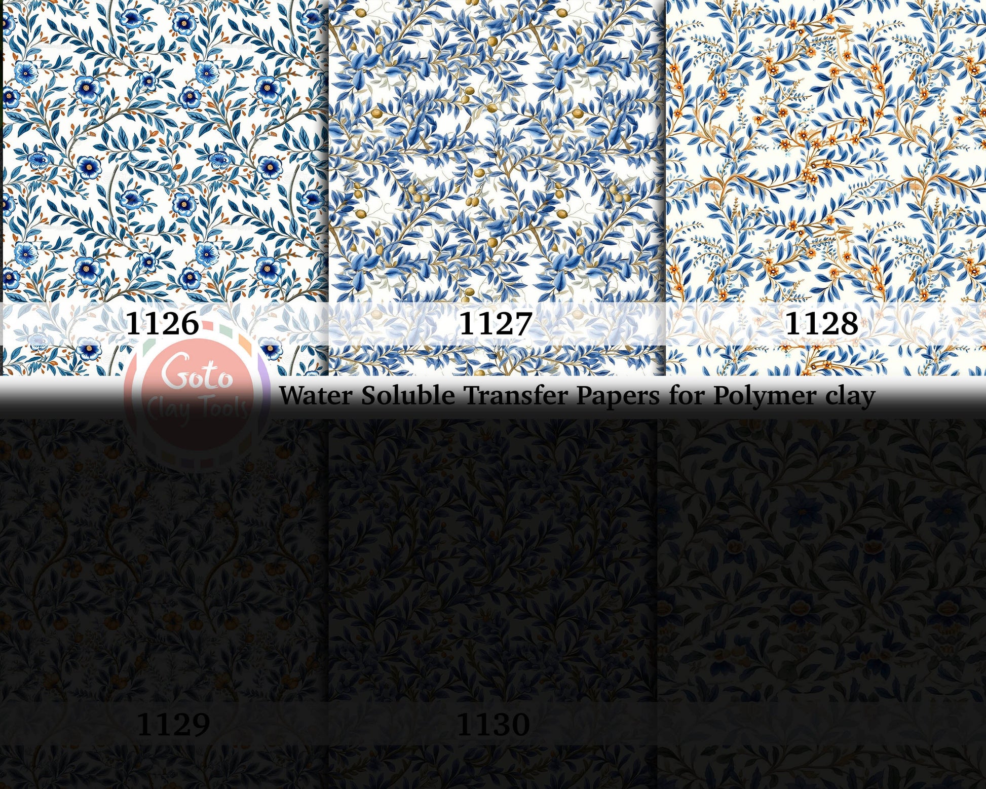 Water soluble Transfer paper for polymer clay, Blue leaves chinoisserie pattern, polymer clay image transfers, magic transfer paper