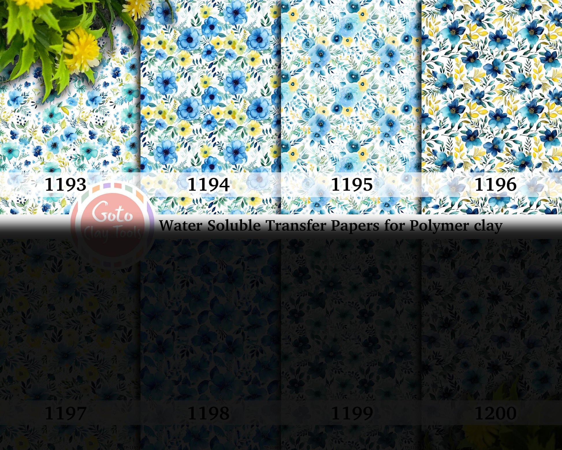 Blue Watercolor Floral Transfer Paper for Polymer Clay