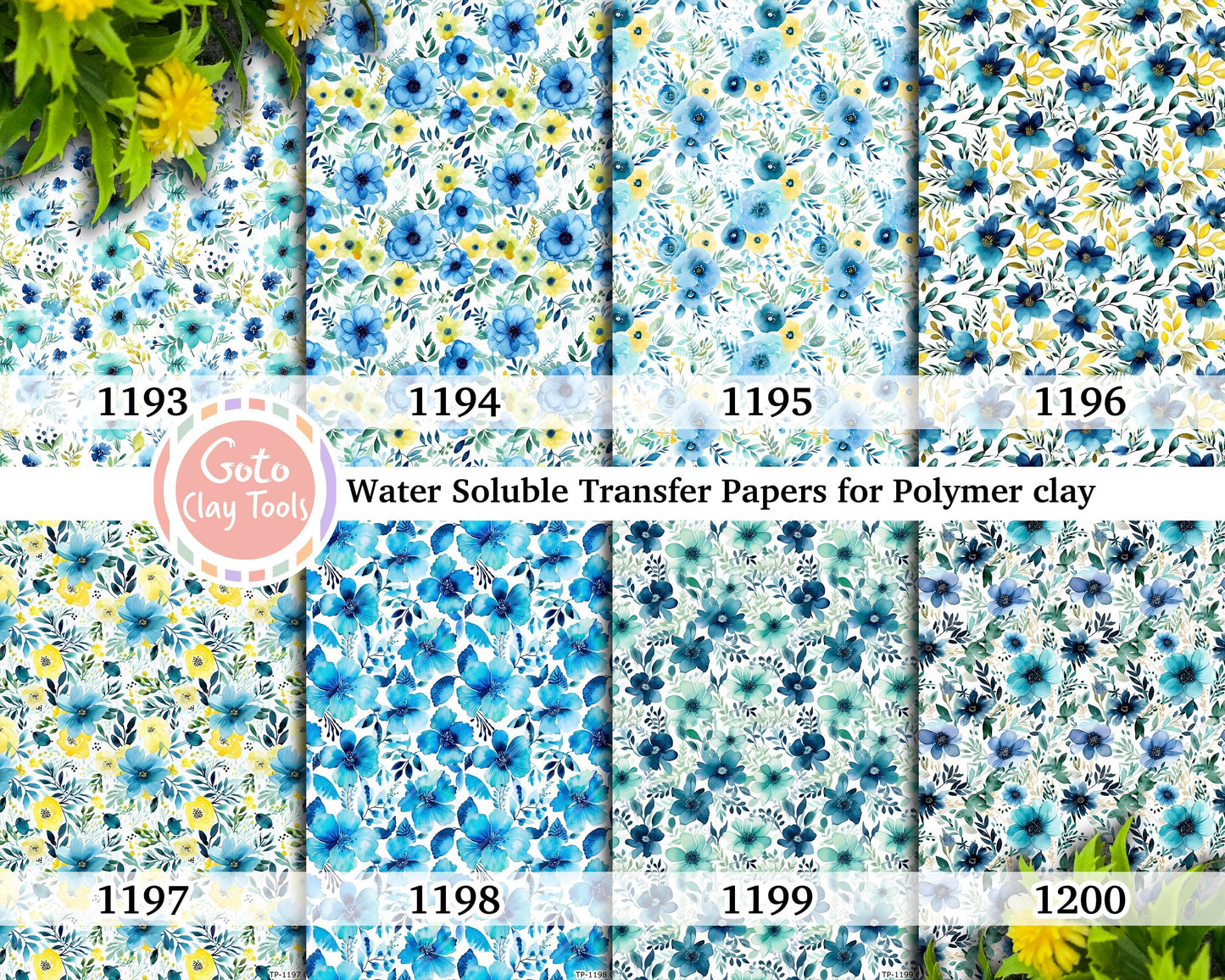 Blue Watercolor Floral Transfer Paper for Polymer Clay