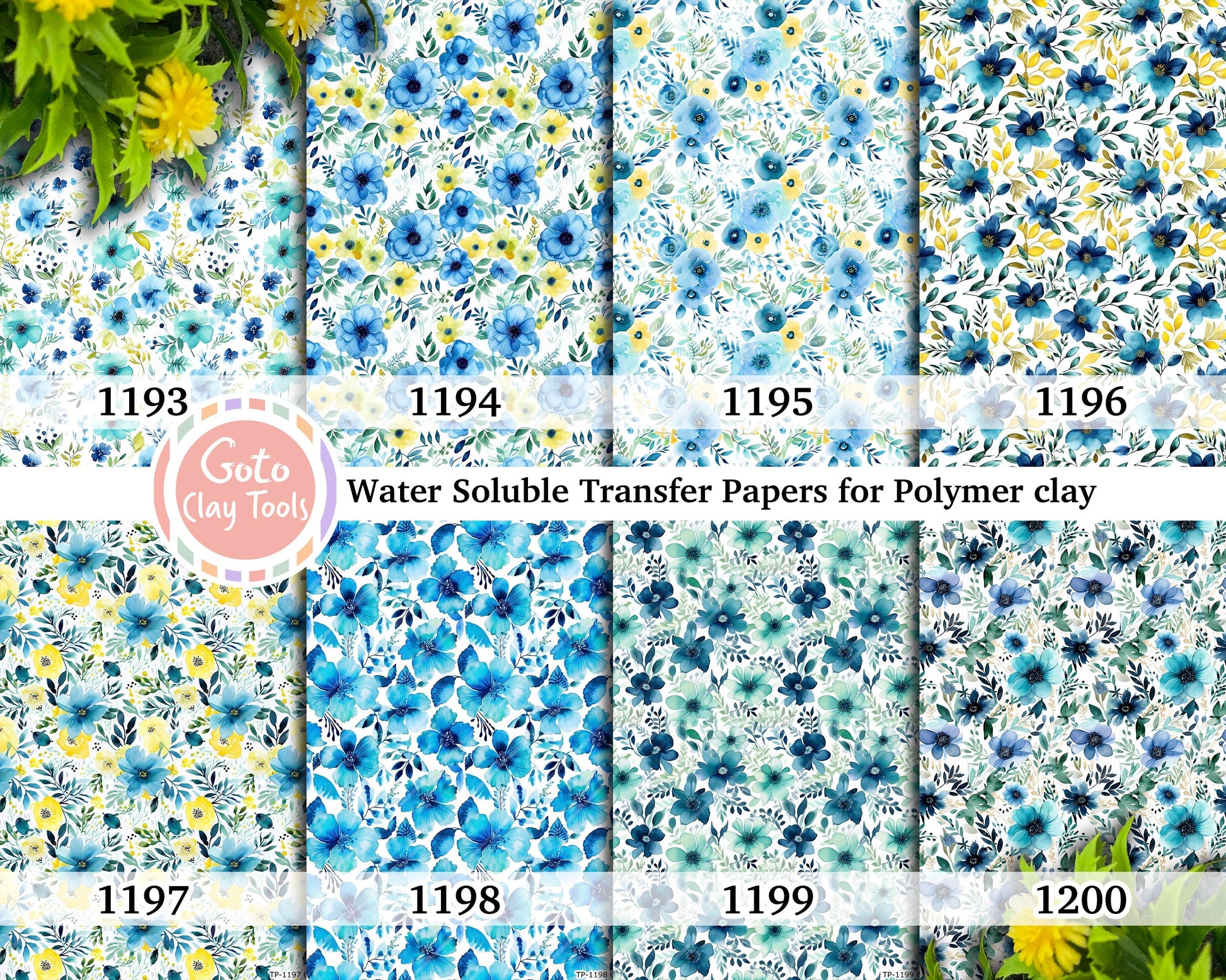 Blue Watercolor Floral Transfer Paper for Polymer Clay