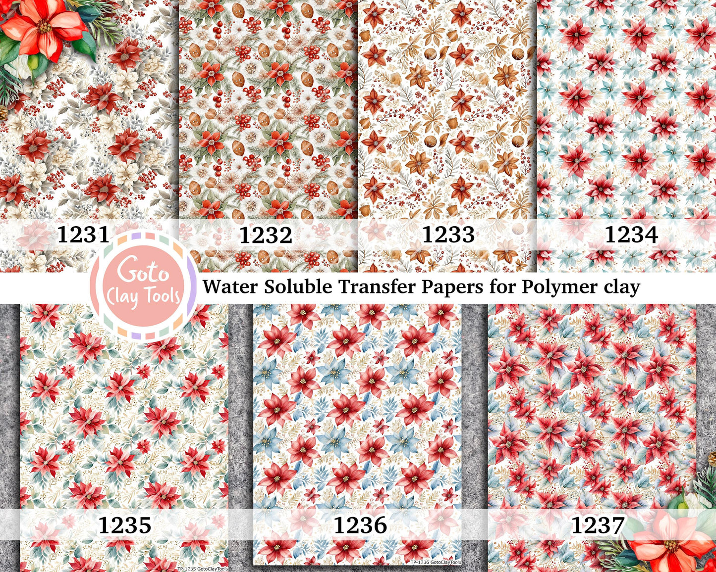 Christmas floral Water soluble Transfer paper for polymer clay, Colorful flower patterns, polymer clay image transfers, magic transfer paper