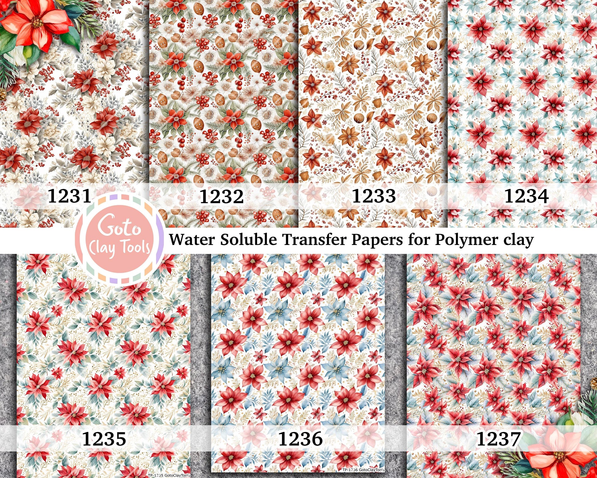 Christmas floral Water soluble Transfer paper for polymer clay, Colorful flower patterns, polymer clay image transfers, magic transfer paper